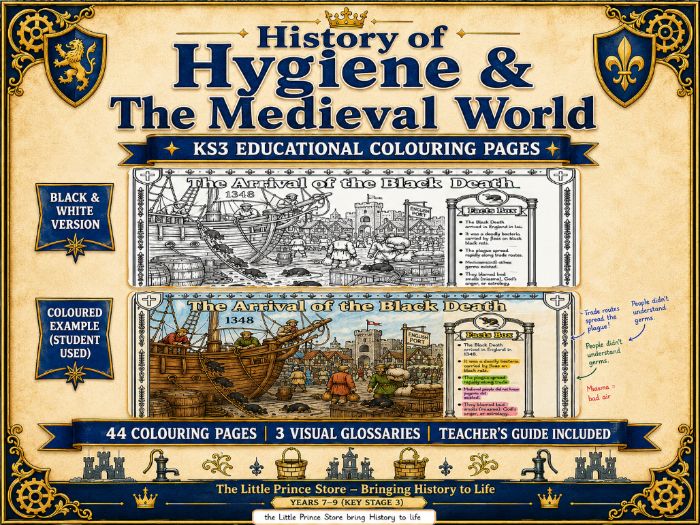 KS3 History Colouring Pages: Medieval World, 1066 & Public Health , Black Death , Crusades