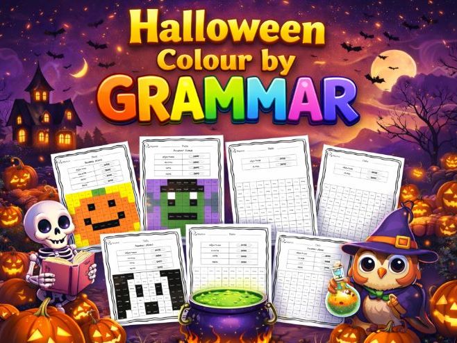 3 Halloween Grammar Grid Mystery Pictures - Parts of Speech - Color by Code