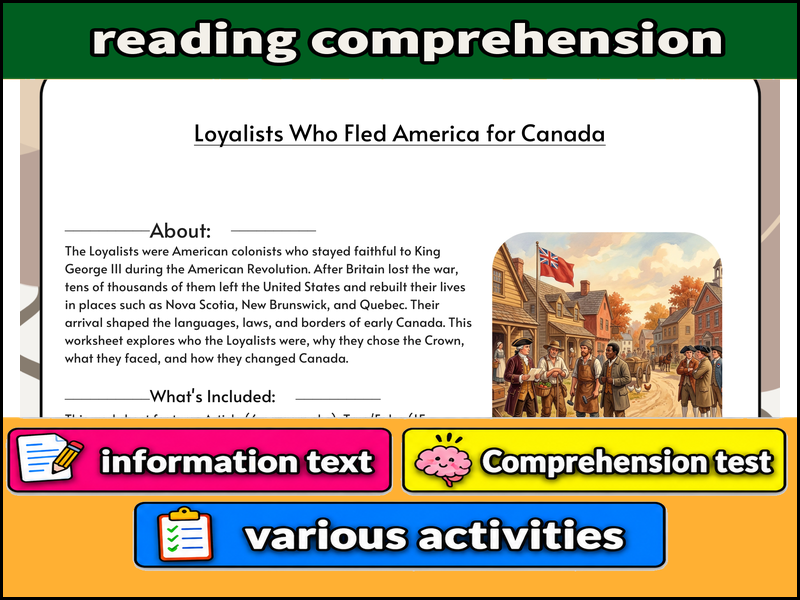 Loyalists Who Fled America for Canada  & Comprehension Test
