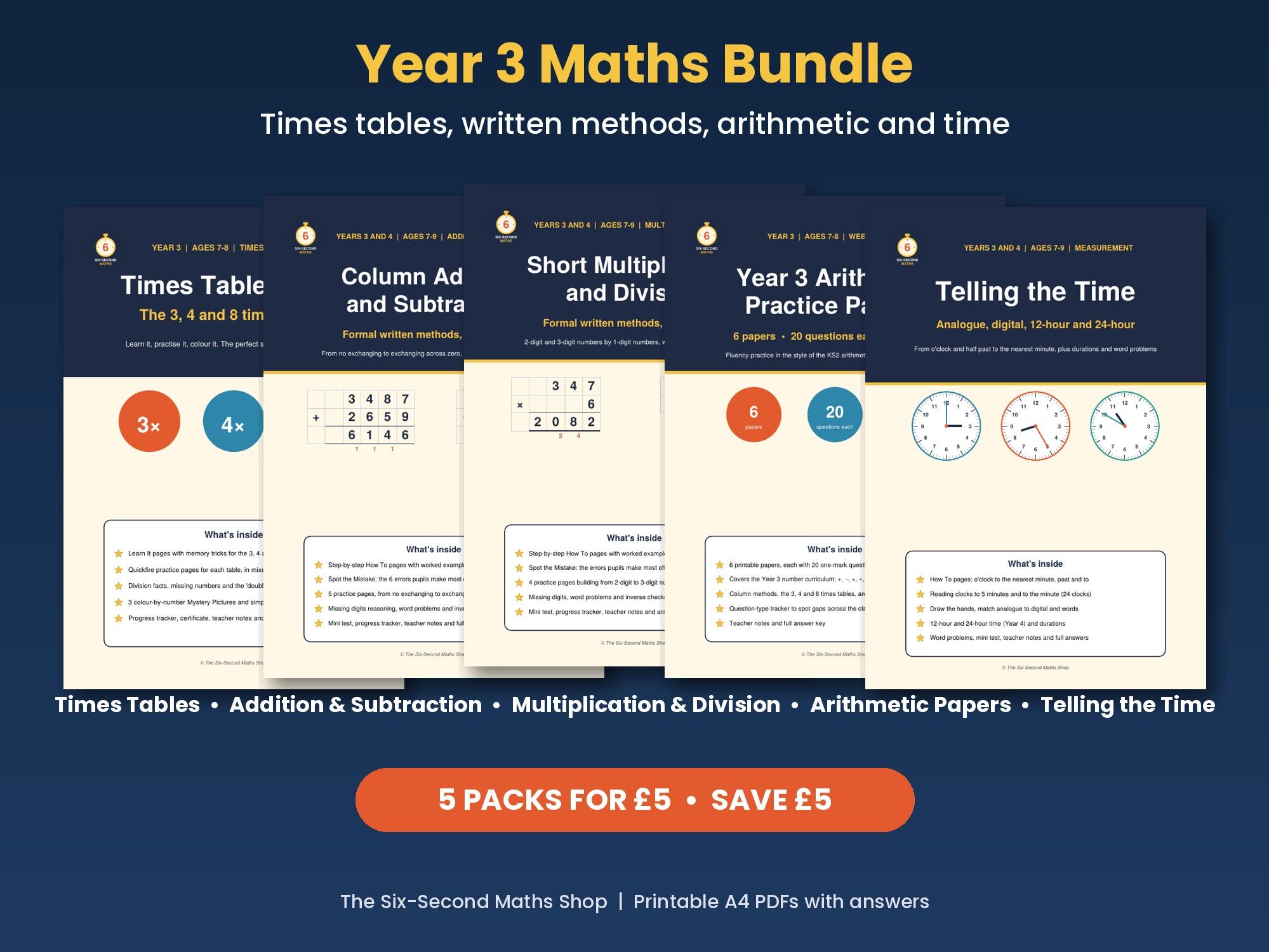 Year 3 Maths Bundle | Times Tables, Written Methods, Arithmetic and Time