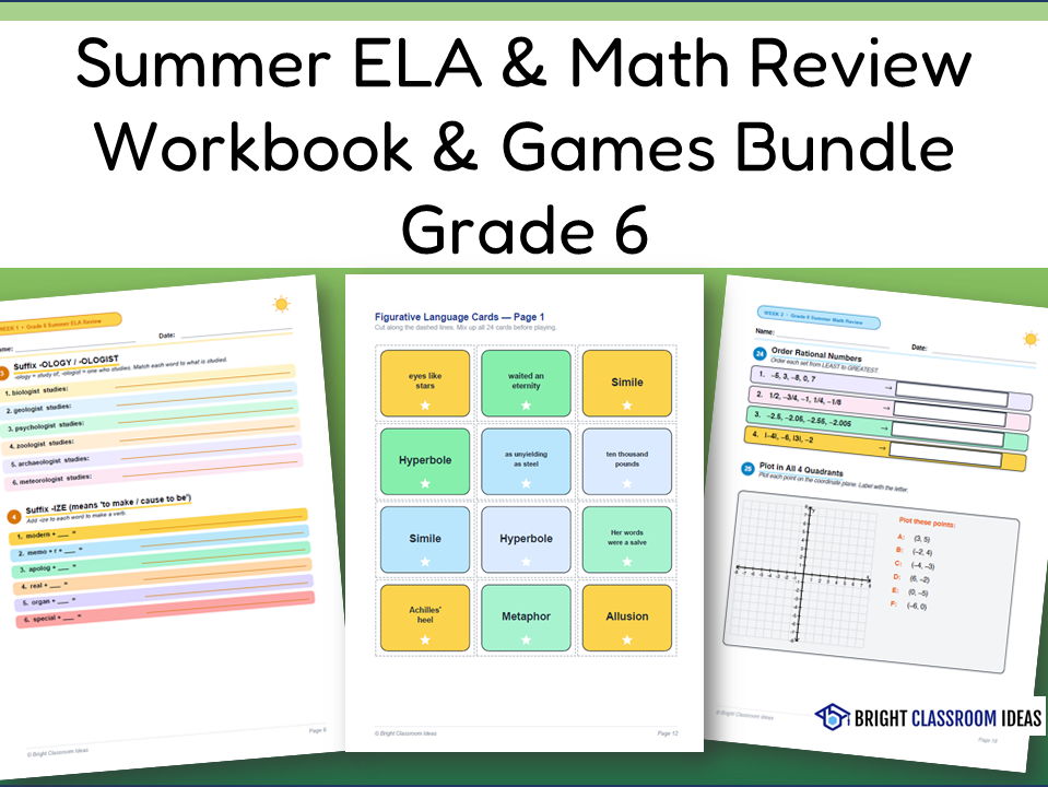 Summer ELA & Math Review Workbook & Games Bundle | Grade 6
