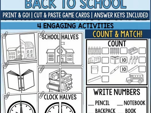 Back to School Icebreaker Cut & Paste, Match Halves, Count & Write Activities