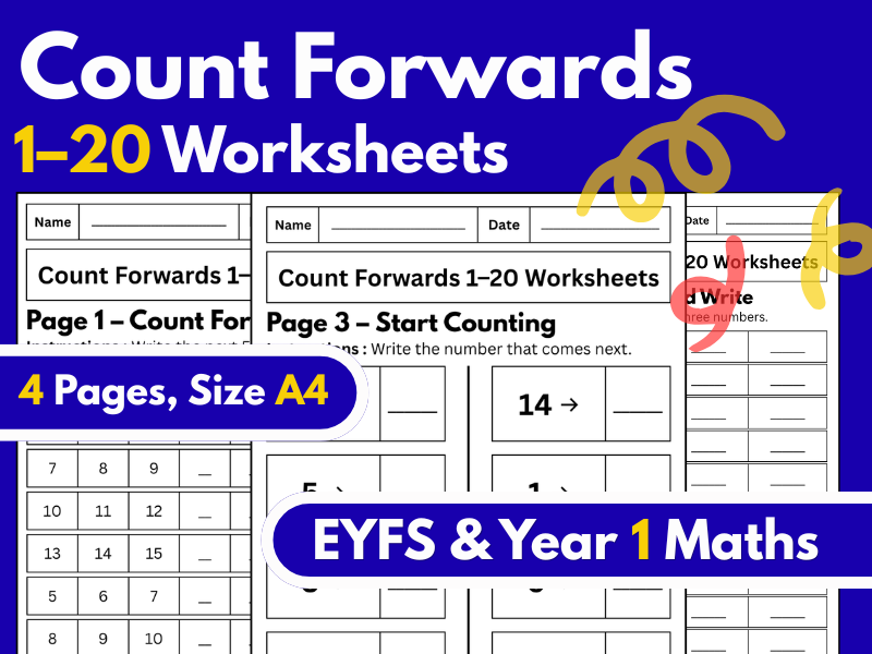 Count Forwards 1–20 Worksheets | Number Sequences, Missing Numbers | EYFS & Year 1 Maths