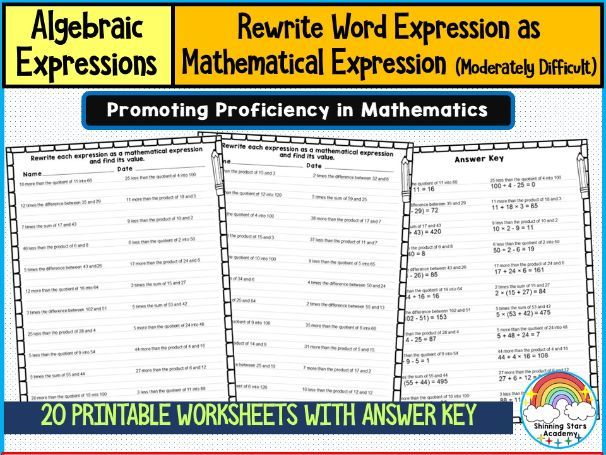 Rewrite Each Word Expression as Mathematical Expression (Moderately Difficult Level) Worksheets | Tr