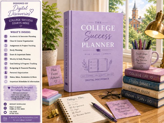 College Student Success Planner | Academic Organization, Study Planning, Semester Goals, Time Mgmt