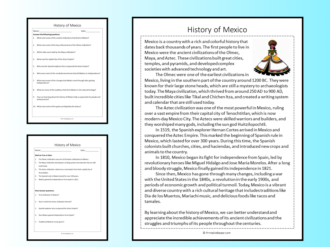 History of Mexico Reading Comprehension Passage Printable Worksheet ...