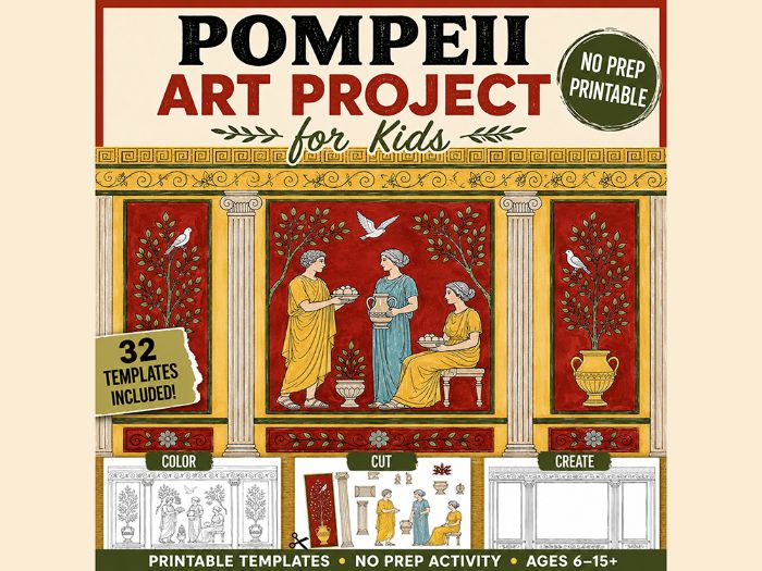 Pompeii Fresco Art Project for Kids, Ancient Rome Activity Printable Templates