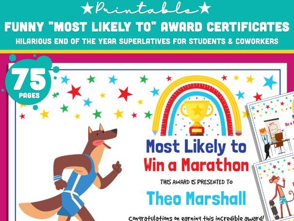 Editable Most Likely To Awards: Funny End of Year Class Superlative Certificates