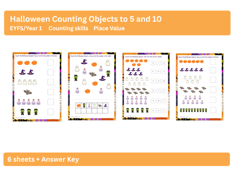 Halloween Counting Objects to 5 and 10 – EYFS/Y1 Maths Worksheets