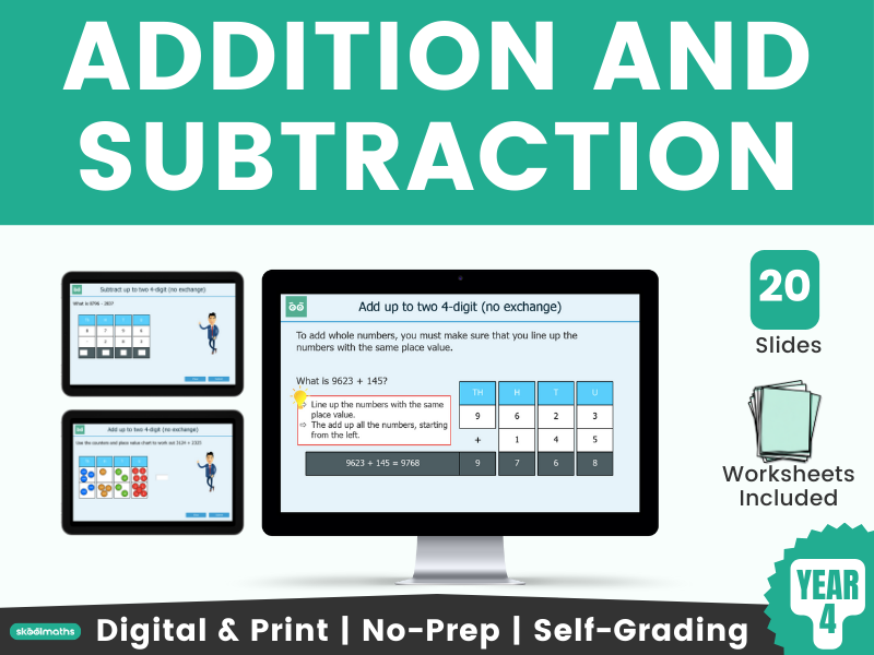 Additions and Subtractions up to 4-digit Numbers - Year 4 Interactive Digital Lesson and Activities