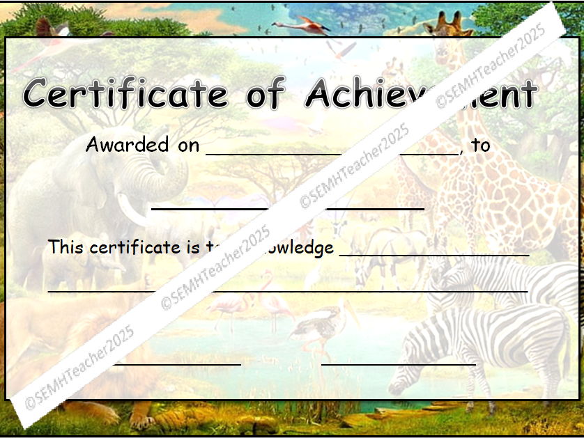 Safari Animal Certificate of Achievement
