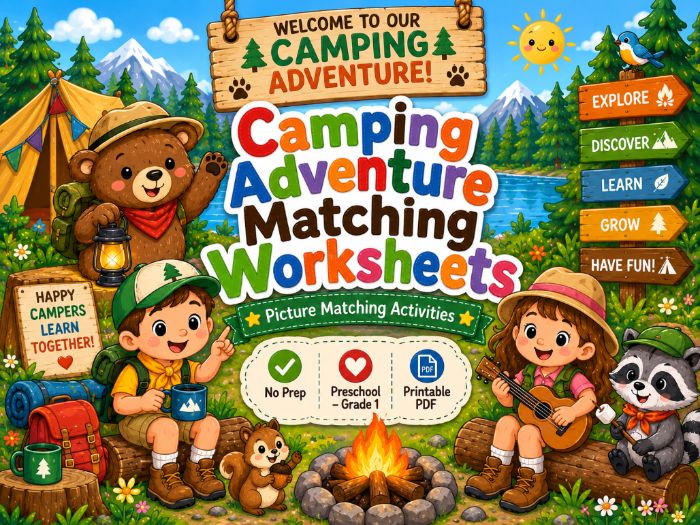 Camping Adventure Matching Worksheets | Picture, Number, Letter & Color Activities | Preschool-1