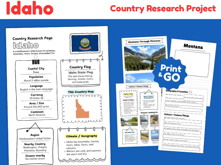 Idaho State Research Project | US Geography & State Study Worksheets