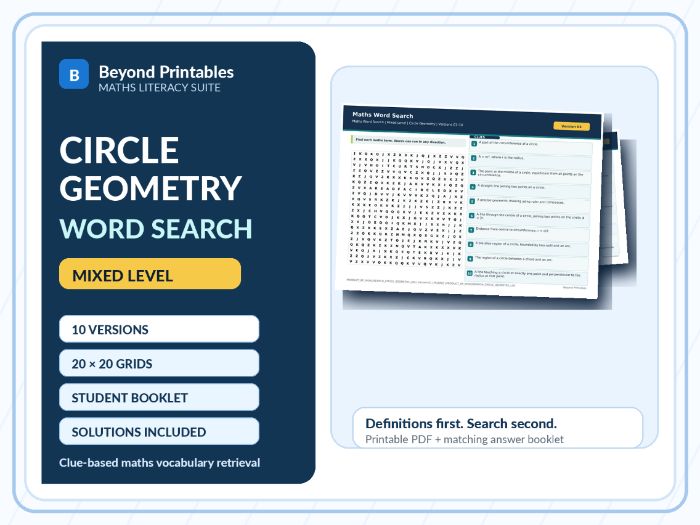 Circle Geometry Maths Word Search | 10 Printable Vocabulary Puzzles with Solutions