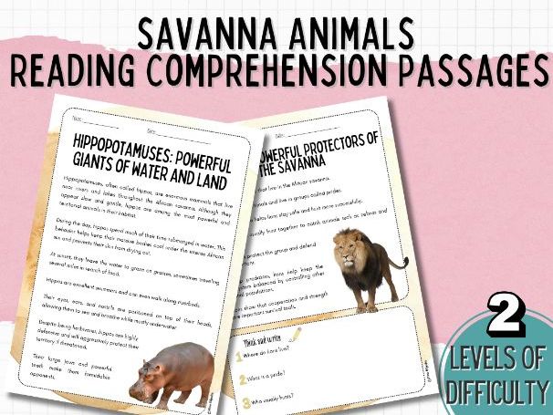 Differentiated Savanna animals Reading Comprehension | Nonfiction Literacy Pack | ESL / EAL