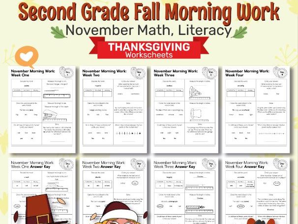 Second Grade Autumn Morning Work | November Math, Literacy & Thanksgiving Worksheets