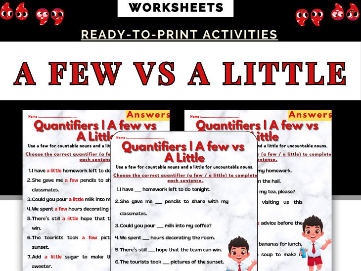 Quantifiers Worksheets | A Few vs A Little  Grammar Practice for Countable & Uncountable Nouns