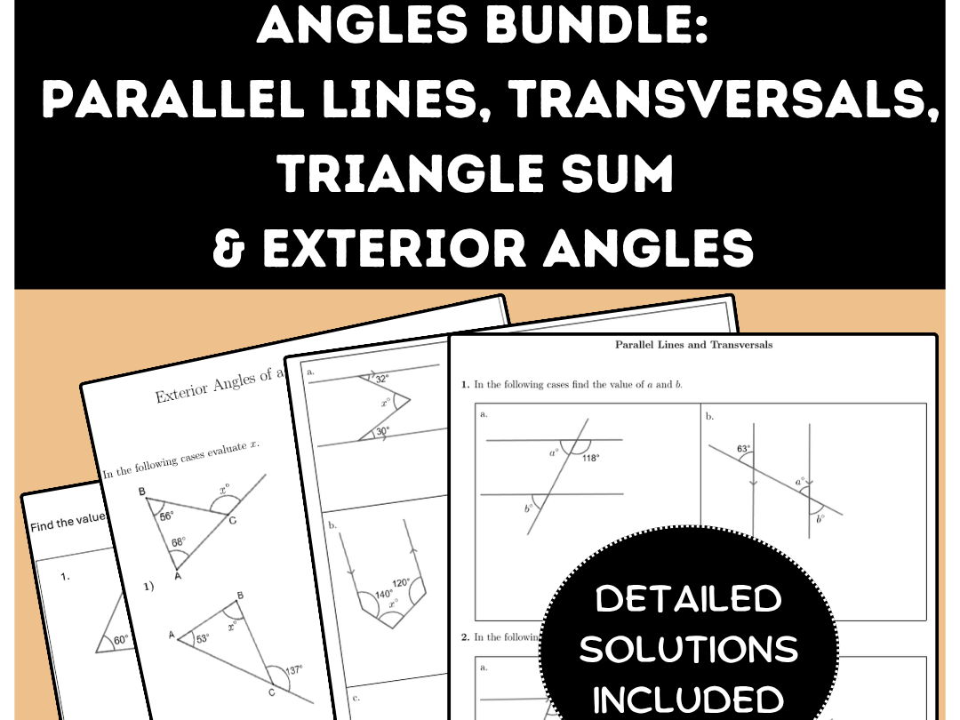 Angles Bundle: Parallel Lines, Transversals, Triangle Sum & Exterior Angles