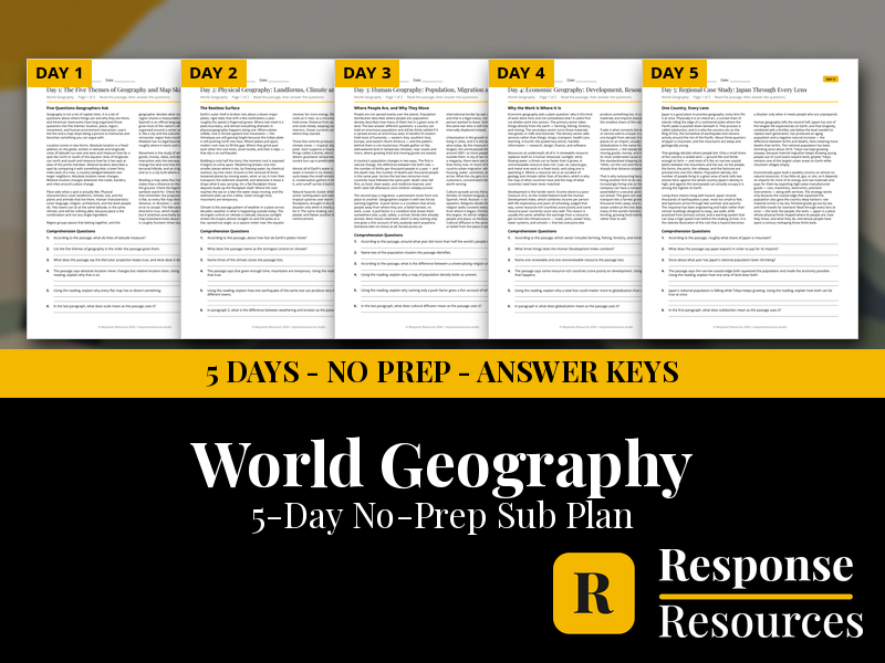 World Geography Emergency Sub Plans - 5 Days No Prep Print and Go Worksheets