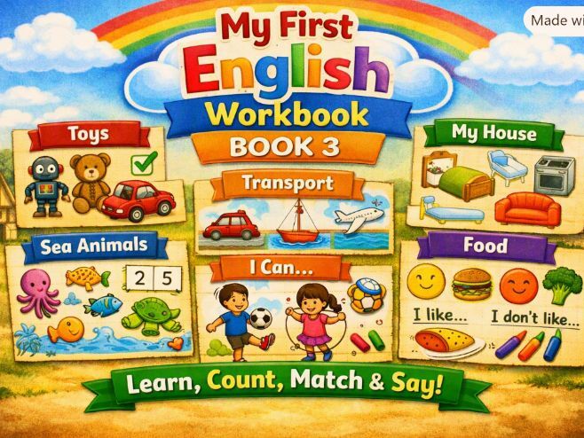 My First English Workbook 3: Early Years ESL / EAL Worksheets (6 topics + cover)