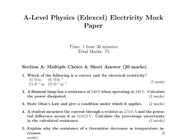 A-Level Physics (Edexcel) Electricity: Full-Length Mock Paper with Mark Scheme