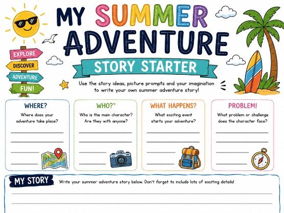 My Summer Adventure Story Starter Worksheet | Creative Writing Activity | End of Term | KS1 & KS2