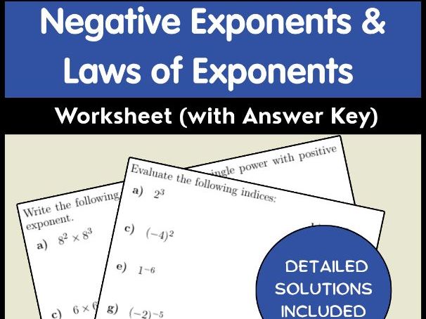 Negative Exponents & Laws of Exponents Worksheet (with Answer Key)