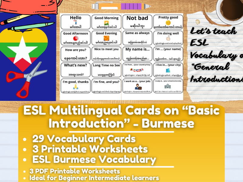 ESL Multilingual Vocabulary Flashcards - General Introductions - Burmese