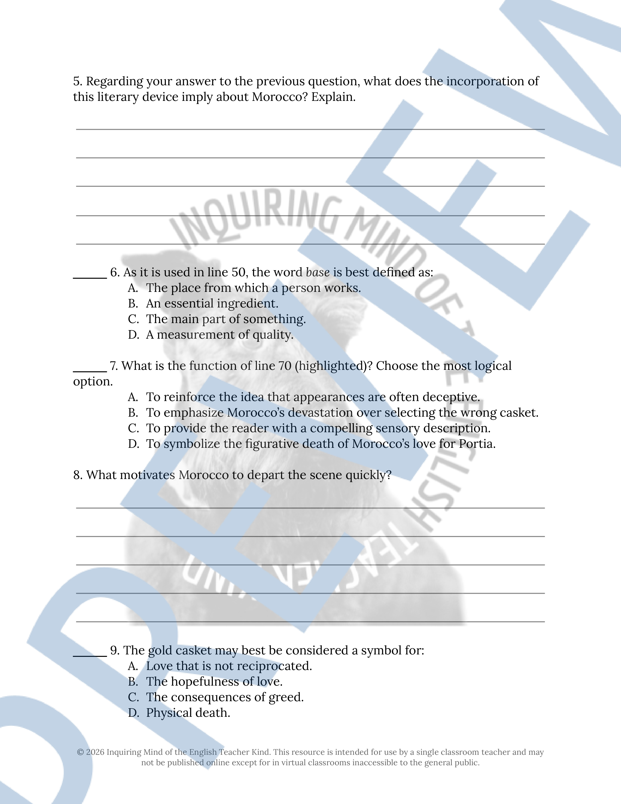 The Merchant of Venice Act 2 Scene 7 Close Reading Analysis Worksheet ...