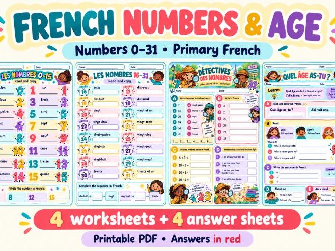 French Numbers 0–31 and Age Worksheets + Answers | Primary French