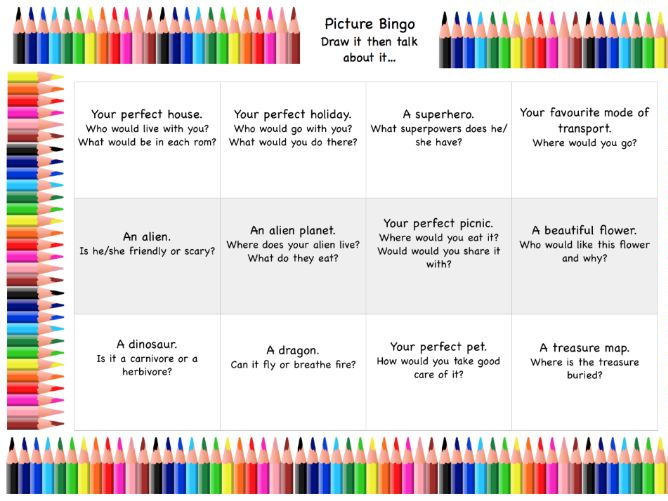 FREE Draw a Picture Bingo. Summer Holiday Activity. Draw it then talk about it. Inspires Imagination