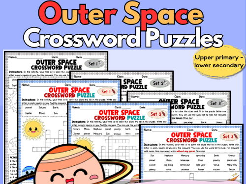 Outer Space Differentiated Crossword Puzzles Printables Color/B&W with Word Bank