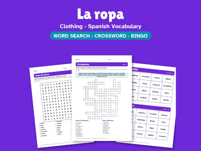 Clothing in Spanish: Word Search, Crossword & Bingo