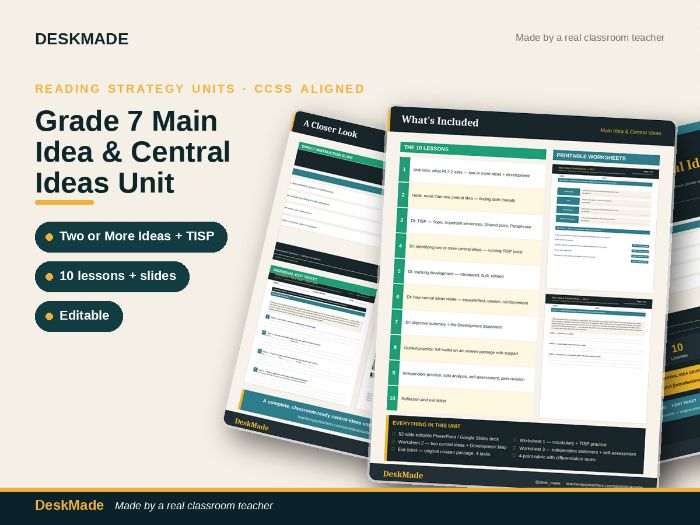Grade 7 Main Idea & Central Ideas Unit | 10 Lessons + Two or More Ideas + TISP