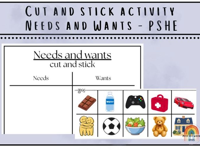 Needs and Wants Cut and Paste Sorting Activity | PSHE