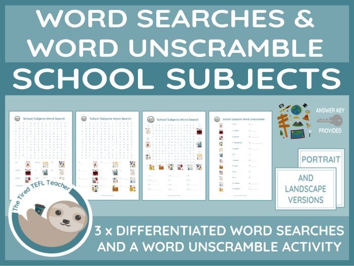 ESL School Subjects Differentiated Word Searches and Word Unscramble