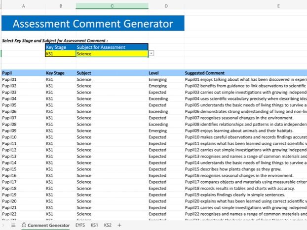 Assessment Comment Generator EYFS KS1 KS2