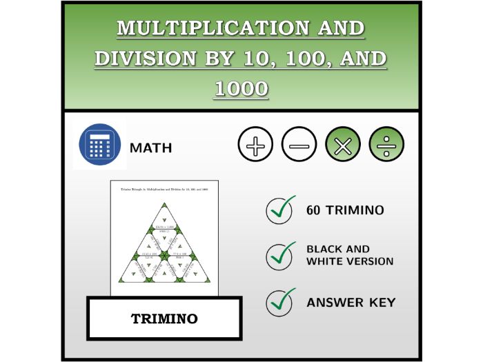 Trimino | Multiplication and Division by 10, 100, and 1000 | Math Activity