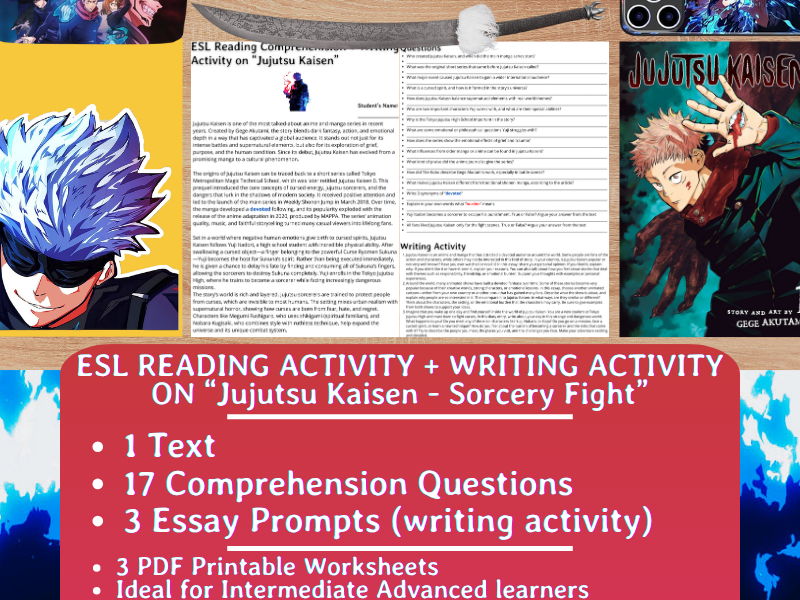 ESL Reading Comprehension + Writing Activity - Jujutsu Kaisen - Japanese Anime and Manga
