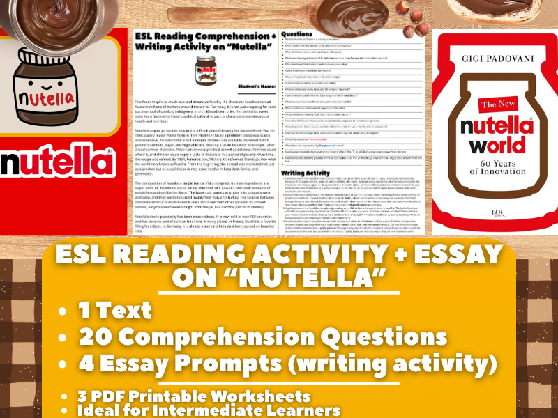 ESL Reading Comprehension + Writing Activity Worksheets on Nutella