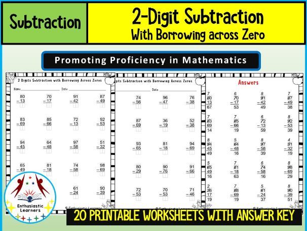 2-Digit Subtraction with Borrowing Across Zero Worksheets | Regrouping Through Zero Practice