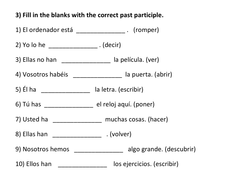 Spanish Irregular Past Participle Worksheets
