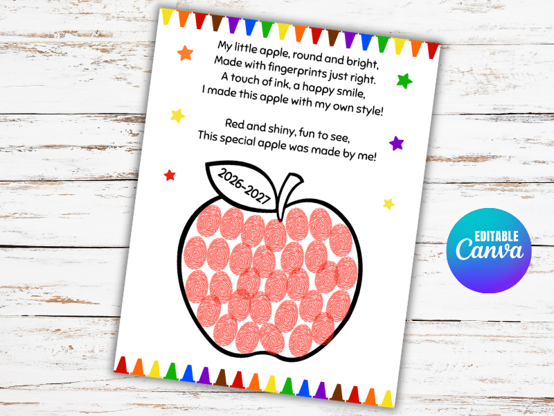 Apple Crafts for Preschool, Handprint First Day of School, Kindergarten Fingerprint Poem