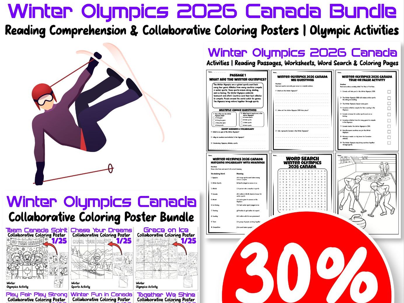 Winter Olympics 2026 Canada Bundle | Reading Comprehension & Collaborative Coloring Posters | Olympic Activities