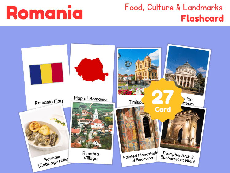 Romania Geography Flashcards | 27 Printable Country Study Cards