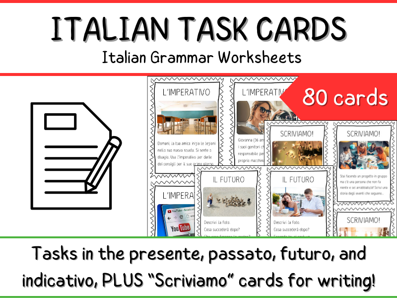 Italian Task Cards (x 80) w/ Pictures - 4 Verb Tenses + Set of Writing Topics
