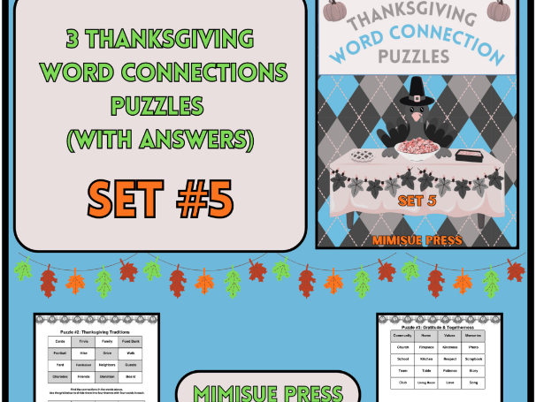 3 Thanksgiving Word Connections Puzzles SET 5 (Holiday/Party Game)
