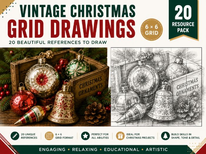 Vintage Christmas Grid Drawing Worksheets | 20 Festive 6×6 Drawing Activities | KS3 & KS4 Art