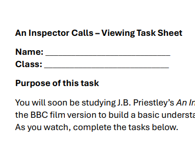 English Lit AQA 'An Inspector Calls' Viewing task sheet
