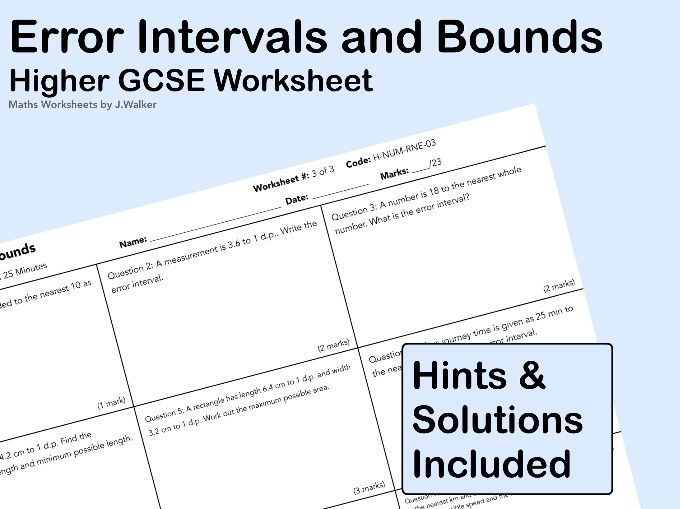GCSE Maths Worksheet: Error Intervals and Bounds - Higher Tier